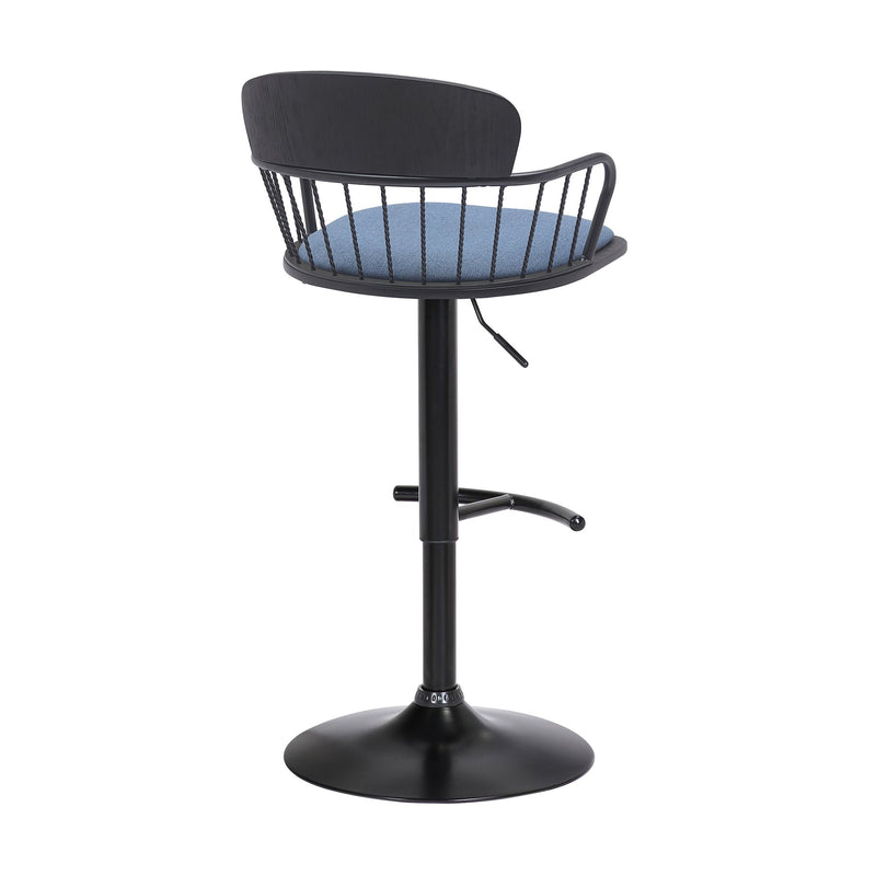 Nash Adjustable Black Wood Bar Stool in Blue Fabric with Black Metal - Furniture City (CA)l