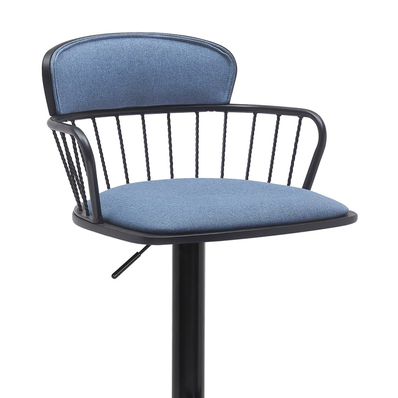 Nash Adjustable Black Wood Bar Stool in Blue Fabric with Black Metal - Furniture City (CA)l