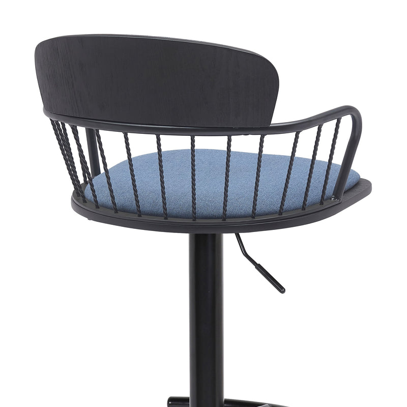 Nash Adjustable Black Wood Bar Stool in Blue Fabric with Black Metal - Furniture City (CA)l
