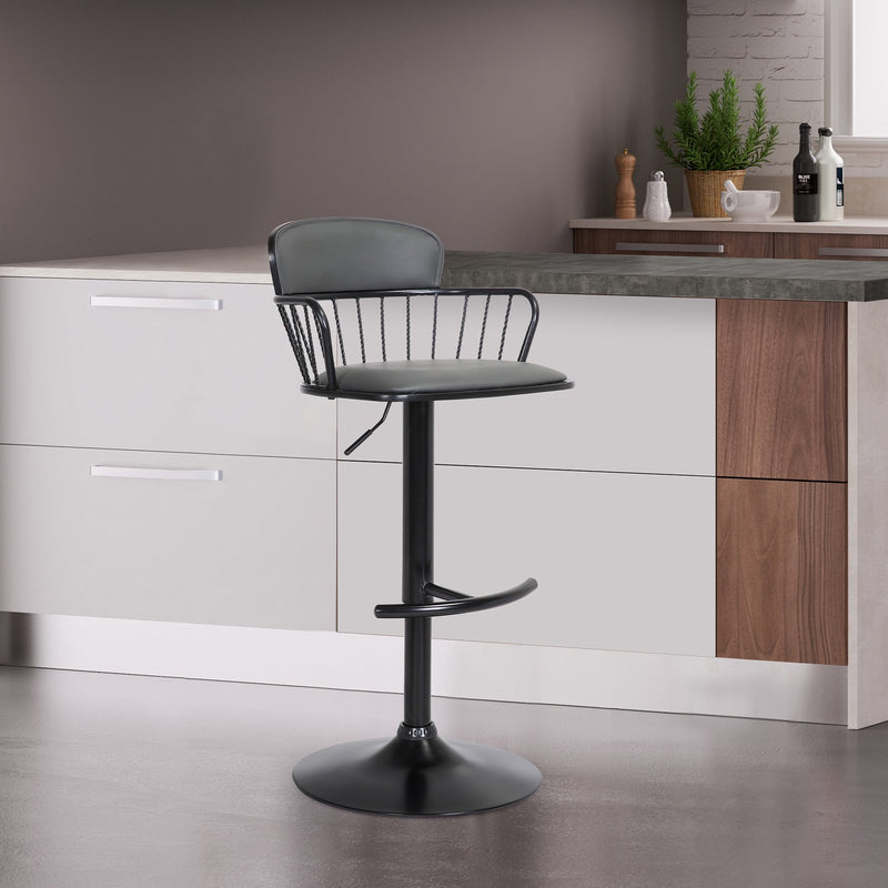 Nash Adjustable Black Wood Bar Stool in Gray Faux Leather with Black Metal - Furniture City (CA)l