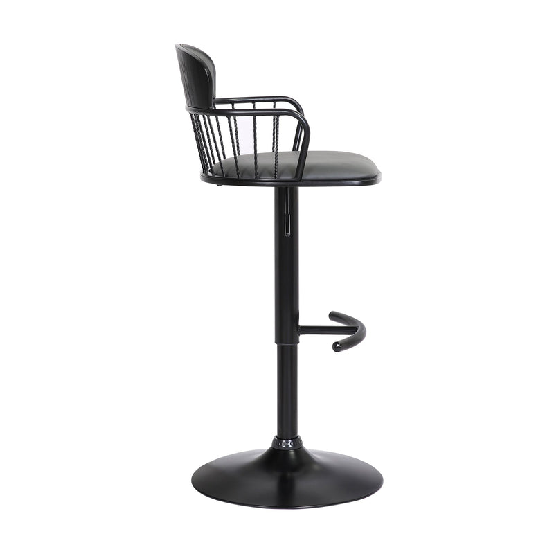 Nash Adjustable Black Wood Bar Stool in Gray Faux Leather with Black Metal - Furniture City (CA)l
