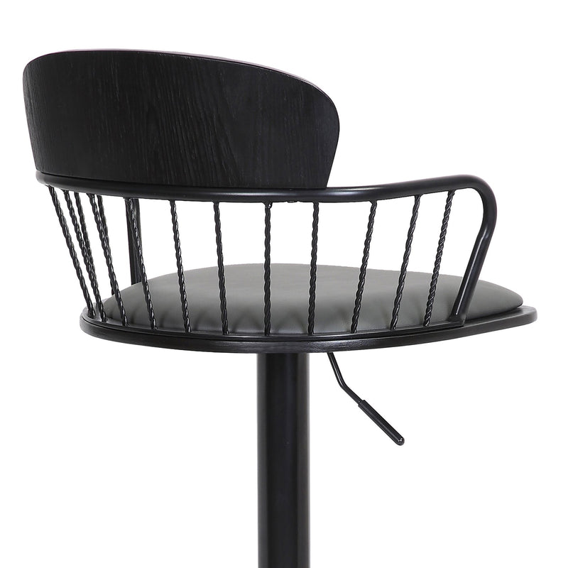 Nash Adjustable Black Wood Bar Stool in Gray Faux Leather with Black Metal - Furniture City (CA)l