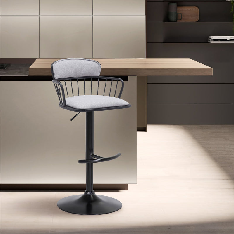 Nash Adjustable Black Wood Bar Stool in Light Gray Fabric with Black Metal - Furniture City (CA)l