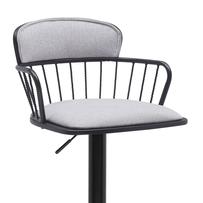 Nash Adjustable Black Wood Bar Stool in Light Gray Fabric with Black Metal - Furniture City (CA)l