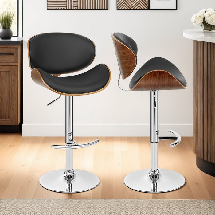 Naples Black Faux Leather Adjustable Height Swivel Walnut Wood and Chrome Base Bar Stool