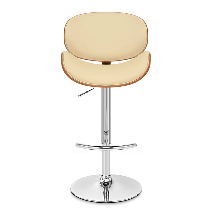 Naples Cream Faux Leather Adjustable Height Swivel Walnut Wood and Chrome Base Bar Stool
