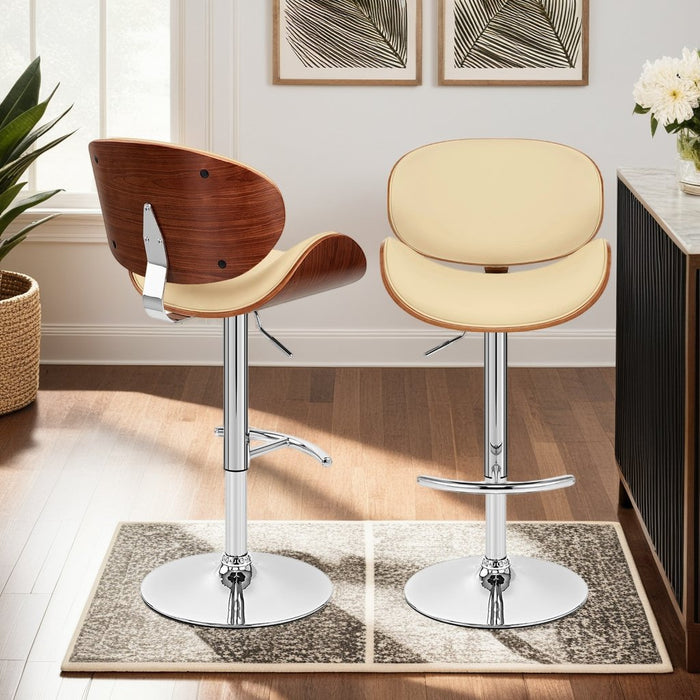 Naples Cream Faux Leather Adjustable Height Swivel Walnut Wood and Chrome Base Bar Stool