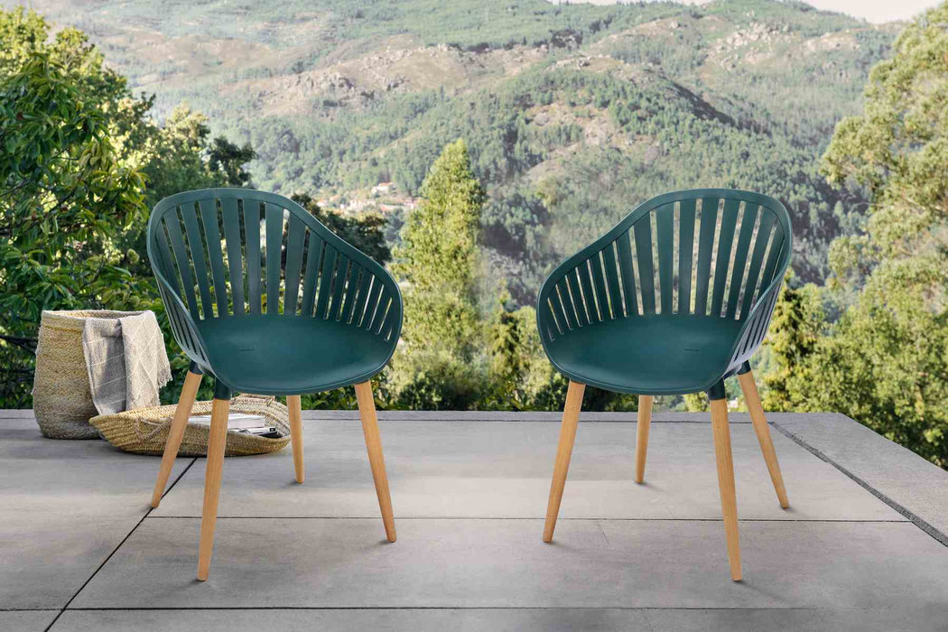 Nassau Outdoor Green Dining Chair with Eucalyptus Wood Legs - Set of 2