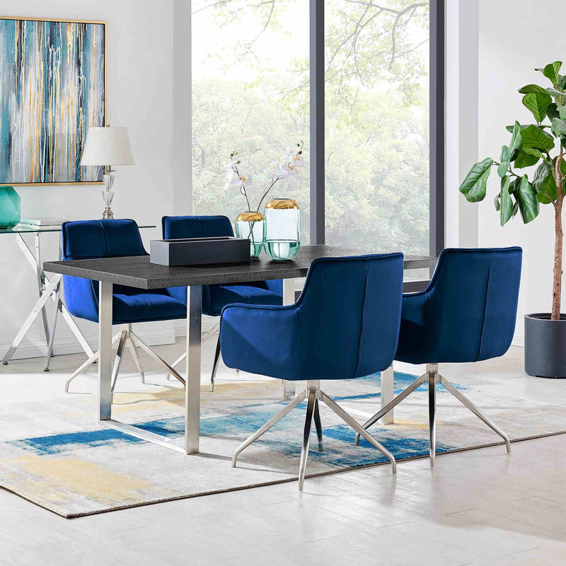 Noah Dining Room Accent Chair in Blue Velvet and Brushed Stainless Steel Finish - Furniture City (CA)l