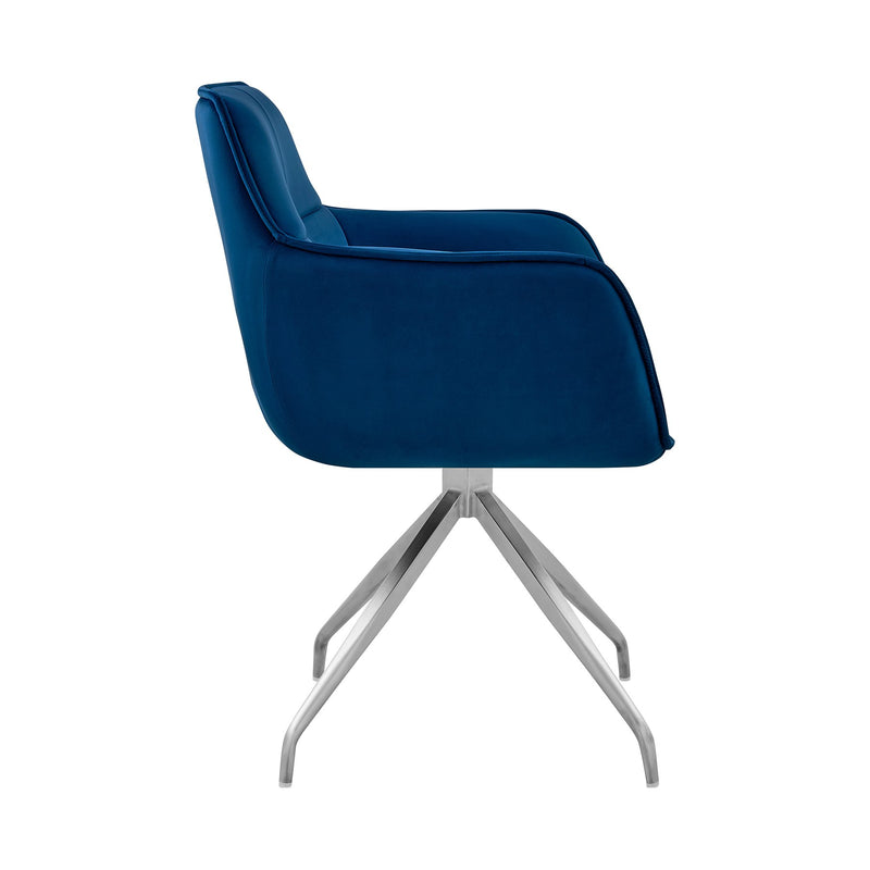Noah Dining Room Accent Chair in Blue Velvet and Brushed Stainless Steel Finish - Furniture City (CA)l