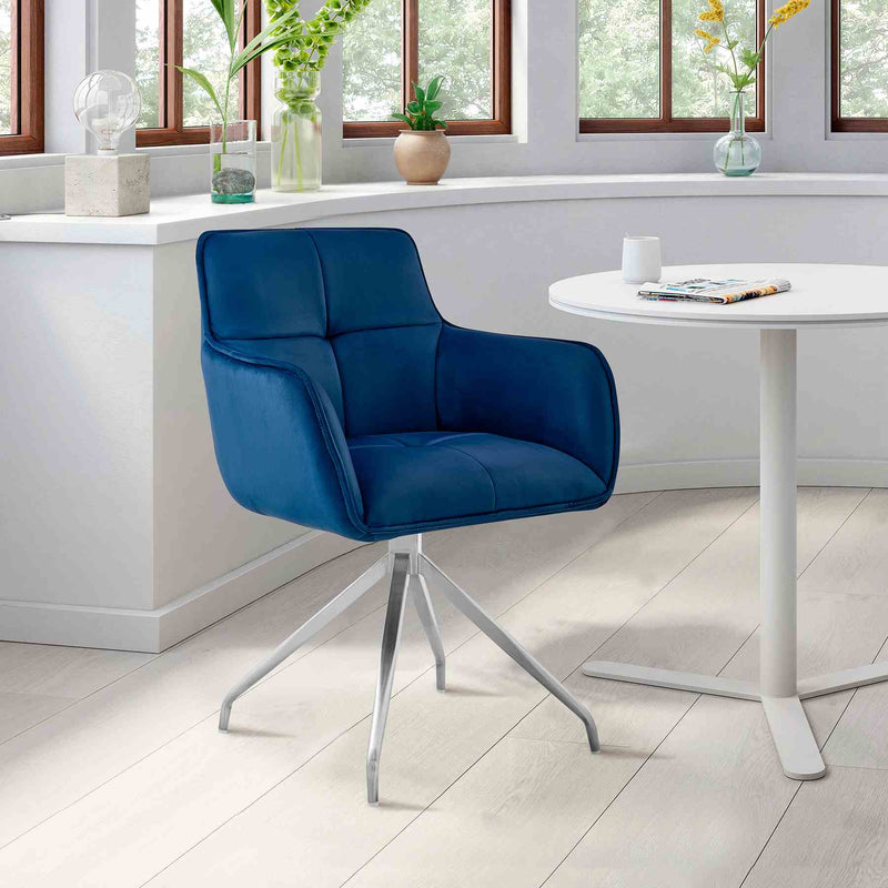 Noah Dining Room Accent Chair in Blue Velvet and Brushed Stainless Steel Finish - Furniture City (CA)l