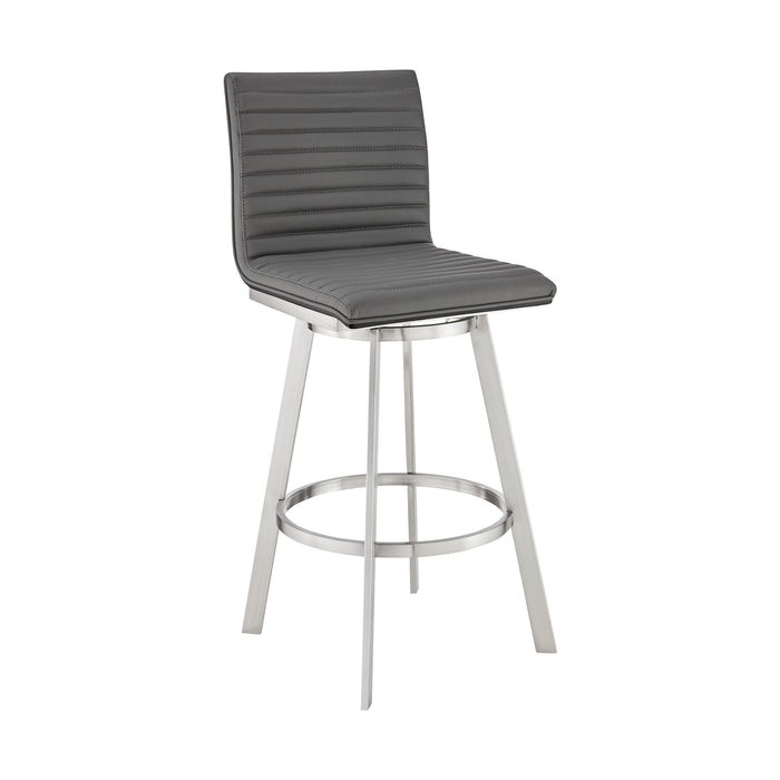 Nikole 26" Counter Height Black Swivel Bar Stool in Brushed Stainless Steel Finish and Gray Faux Leather