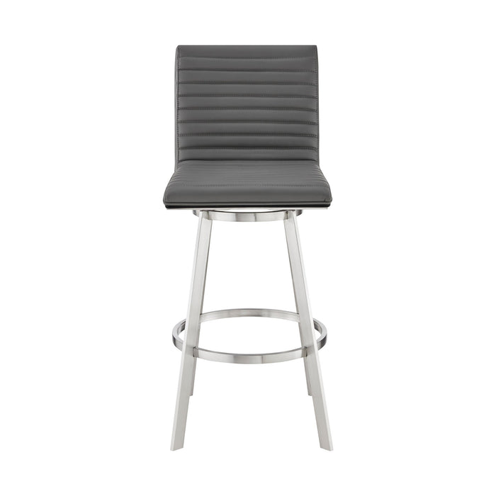 Nikole 26" Counter Height Black Swivel Bar Stool in Brushed Stainless Steel Finish and Gray Faux Leather