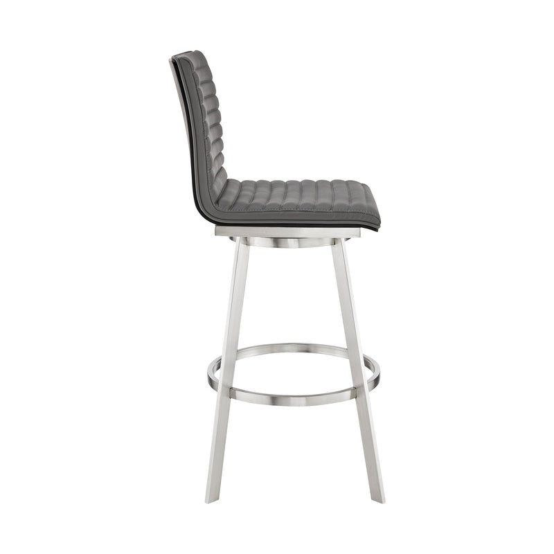 Nikole 26" Counter Height Black Swivel Bar Stool in Brushed Stainless Steel Finish and Gray Faux Leather - Furniture City (CA)l