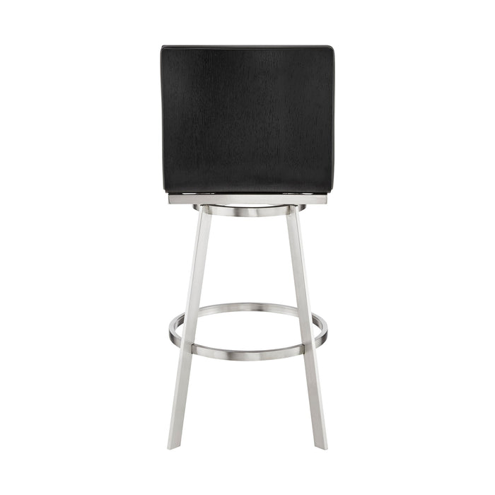 Nikole 26" Counter Height Black Swivel Bar Stool in Brushed Stainless Steel Finish and Gray Faux Leather