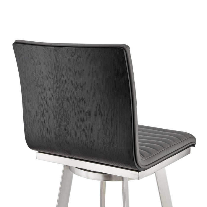 Nikole 26" Counter Height Black Swivel Bar Stool in Brushed Stainless Steel Finish and Gray Faux Leather