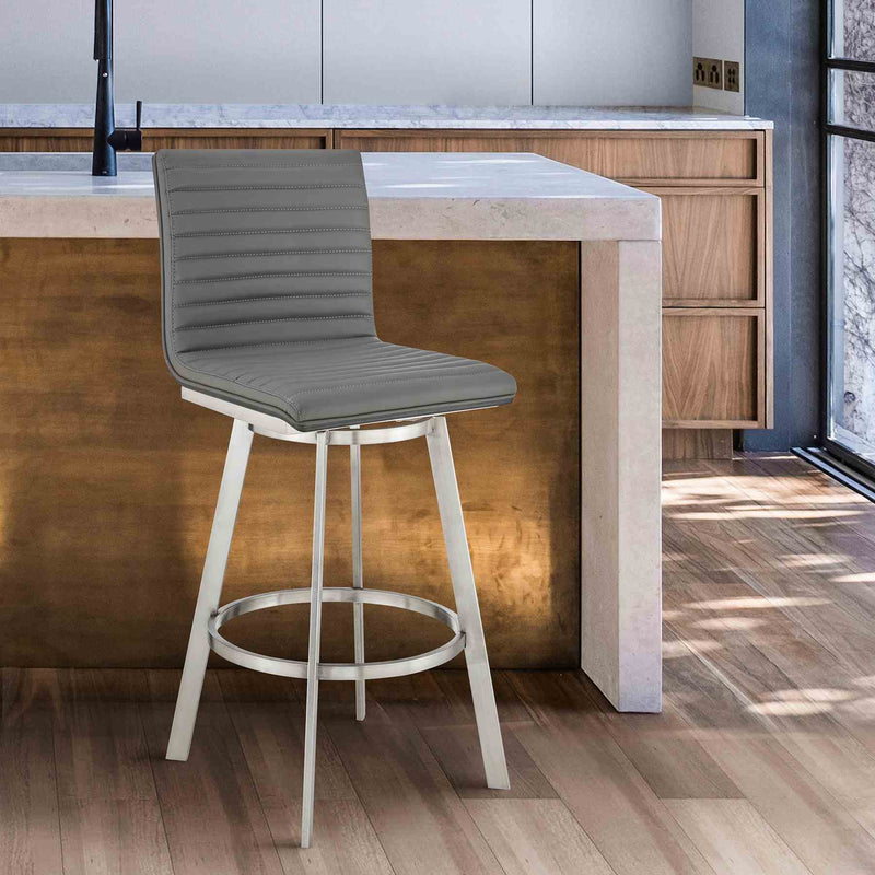 Nikole 26" Counter Height Black Swivel Bar Stool in Brushed Stainless Steel Finish and Gray Faux Leather - Furniture City (CA)l