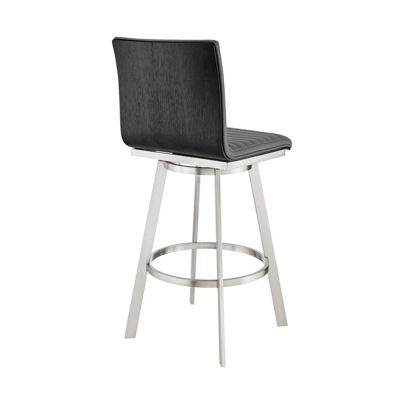 Nikole 30" Bar Height Black Swivel Bar Stool in Brushed Stainless Steel Finish and Gray Faux Leather - Furniture City (CA)l