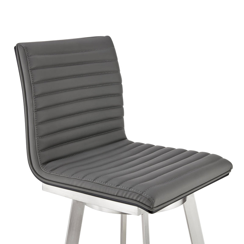 Nikole 30" Bar Height Black Swivel Bar Stool in Brushed Stainless Steel Finish and Gray Faux Leather - Furniture City (CA)l