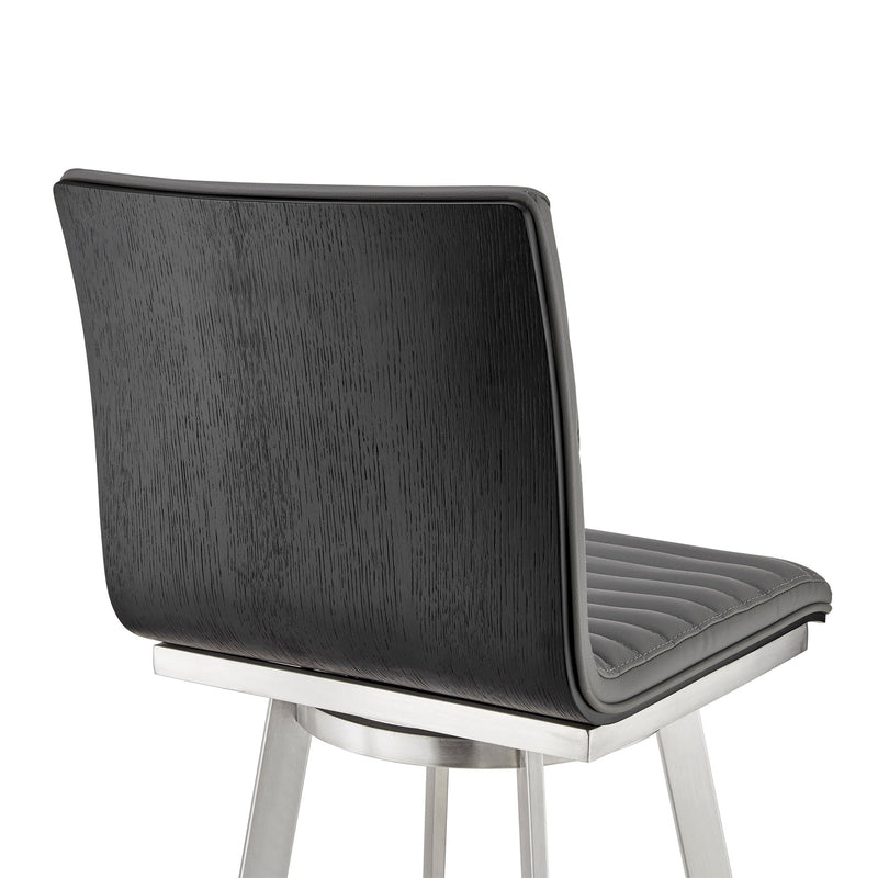 Nikole 30" Bar Height Black Swivel Bar Stool in Brushed Stainless Steel Finish and Gray Faux Leather - Furniture City (CA)l