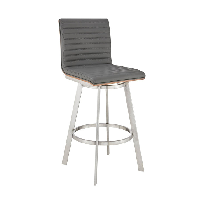 Nikole 26" Counter Height Walnut Swivel Bar Stool in Brushed Stainless Steel Finish and Gray Faux Leather