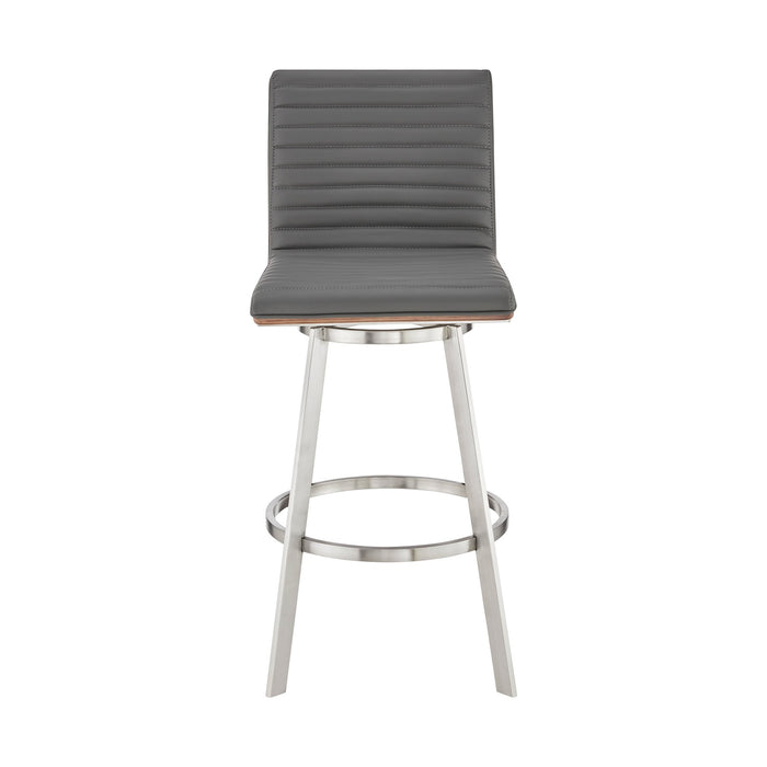 Nikole 26" Counter Height Walnut Swivel Bar Stool in Brushed Stainless Steel Finish and Gray Faux Leather