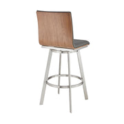 Nikole 26" Counter Height Walnut Swivel Bar Stool in Brushed Stainless Steel Finish and Gray Faux Leather - Furniture City (CA)l