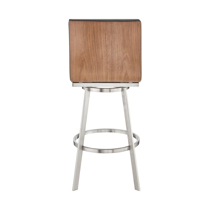 Nikole 26" Counter Height Walnut Swivel Bar Stool in Brushed Stainless Steel Finish and Gray Faux Leather