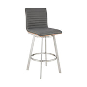 Nikole 30" Bar Height Walnut Swivel Bar Stool in Brushed Stainless Steel Finish and Gray Faux Leather - Furniture City (CA)l
