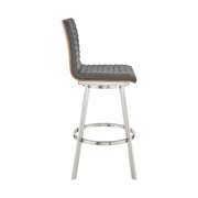 Nikole 30" Bar Height Walnut Swivel Bar Stool in Brushed Stainless Steel Finish and Gray Faux Leather - Furniture City (CA)l