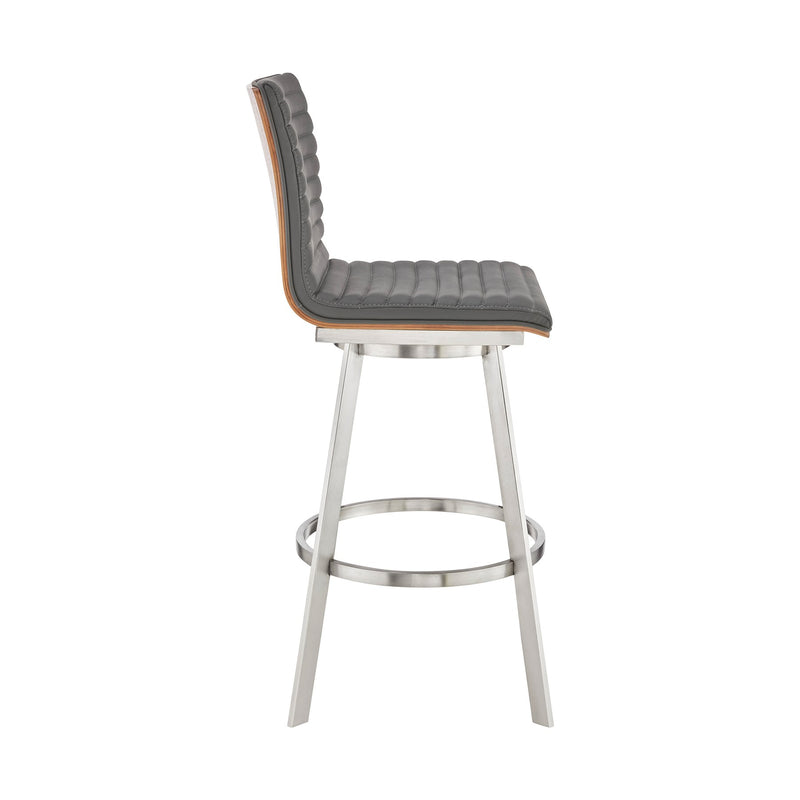Nikole 30" Bar Height Walnut Swivel Bar Stool in Brushed Stainless Steel Finish and Gray Faux Leather - Furniture City (CA)l