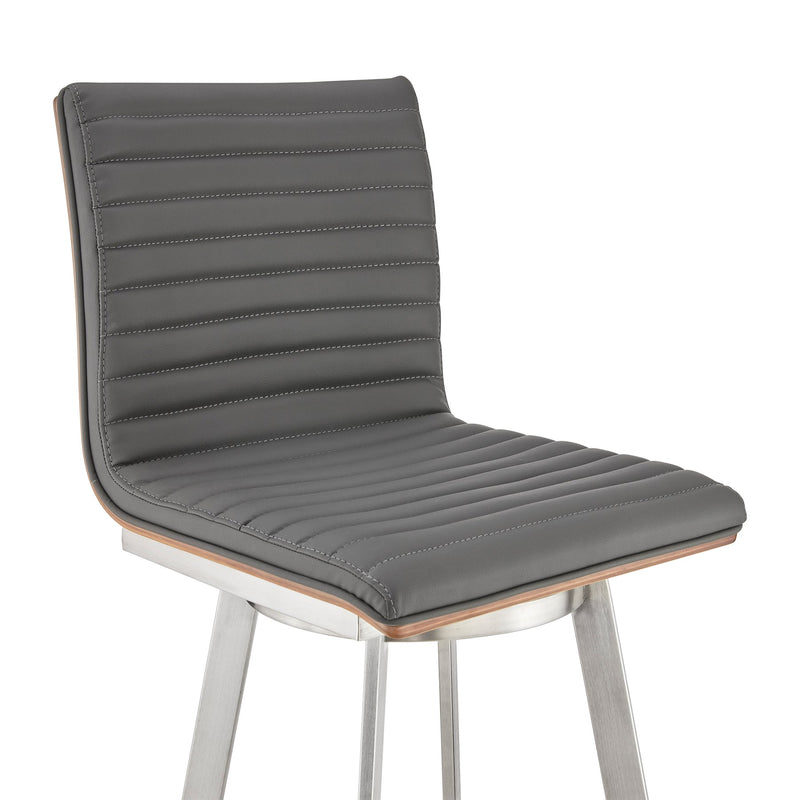 Nikole 30" Bar Height Walnut Swivel Bar Stool in Brushed Stainless Steel Finish and Gray Faux Leather - Furniture City (CA)l
