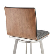 Nikole 30" Bar Height Walnut Swivel Bar Stool in Brushed Stainless Steel Finish and Gray Faux Leather - Furniture City (CA)l