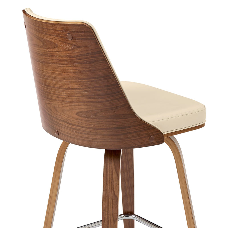 Nolte 30" Swivel Bar Stool in Cream Faux Leather and Walnut Wood - Furniture City (CA)l