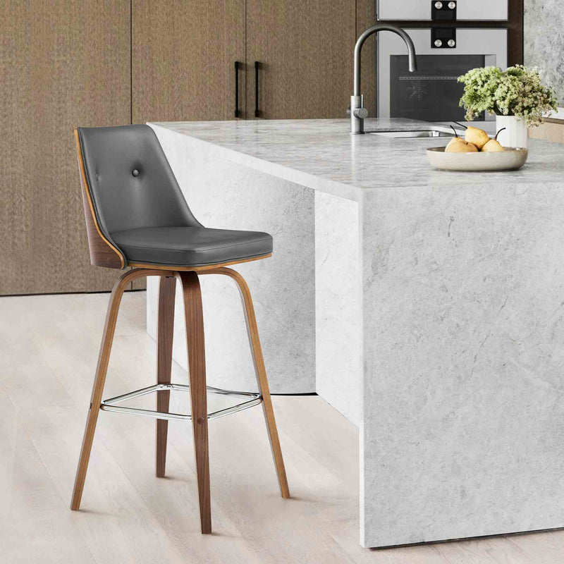 Nolte 30" Swivel Bar Stool in Gray Faux Leather and Walnut Wood - Furniture City (CA)l