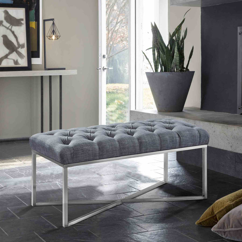 Noel Contemporary Bench in Slate Gray Linen and Brushed Stainless Steel Finish - Furniture City (CA)l