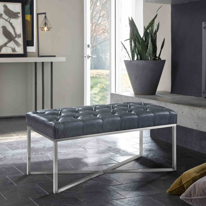 Noel Contemporary Bench in Gray Faux Leather and Brushed Stainless Steel Finish