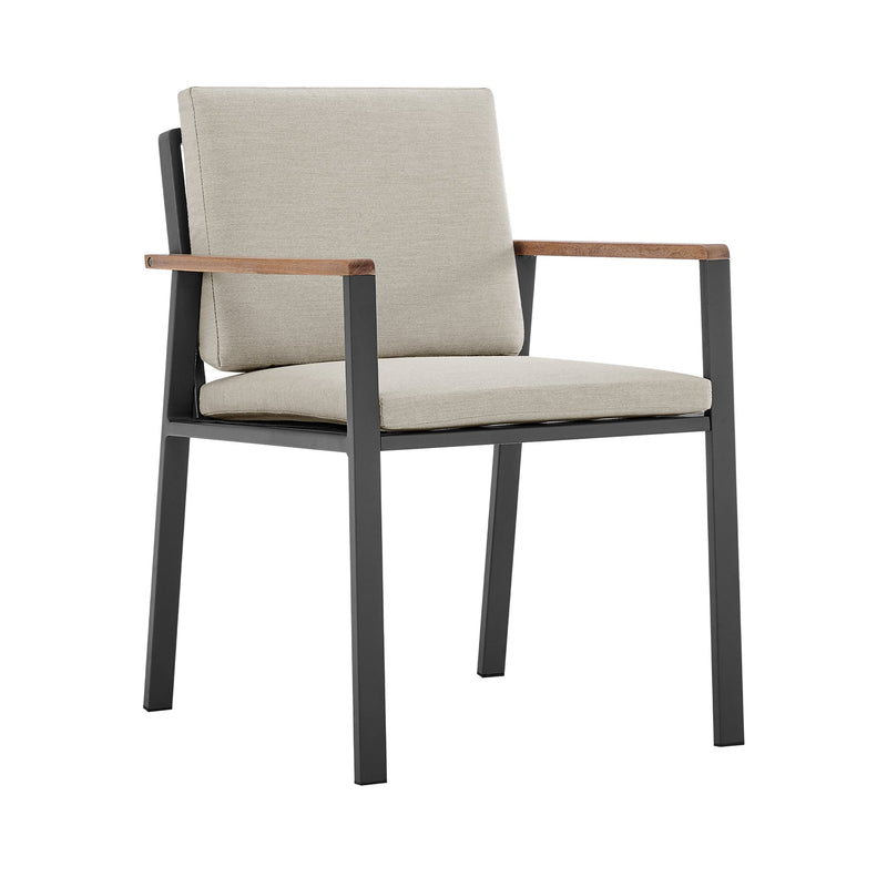 Nofi Outdoor Patio Dining Chair in Charcoal Finish with Taupe Cushions and Teak Wood Accent Arms - Set of 2 - Furniture City (CA)l