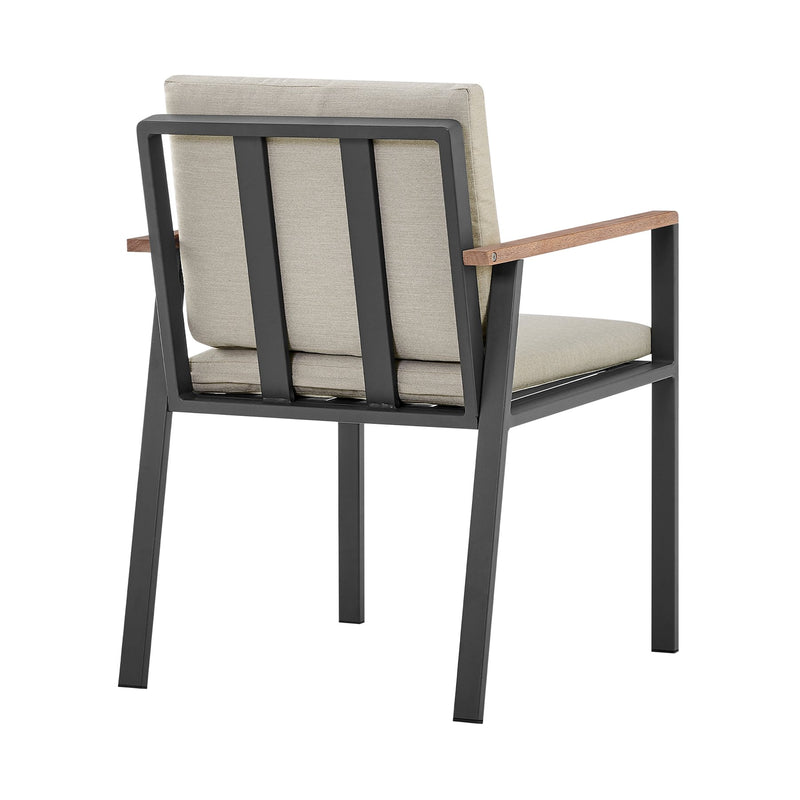 Nofi Outdoor Patio Dining Chair in Charcoal Finish with Taupe Cushions and Teak Wood Accent Arms - Set of 2 - Furniture City (CA)l