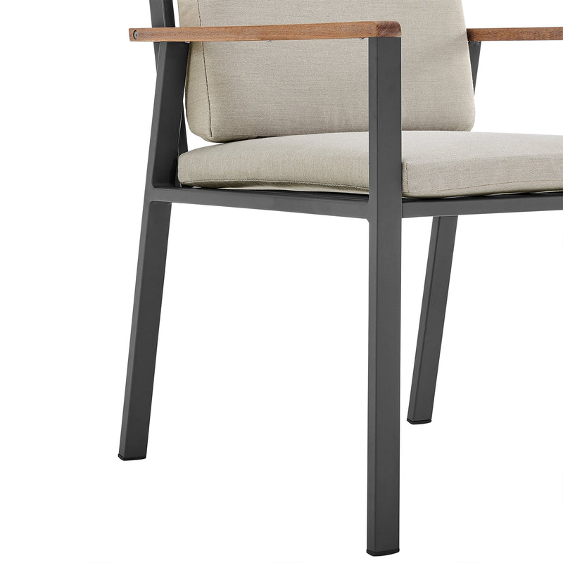 Nofi Outdoor Patio Dining Chair in Charcoal Finish with Taupe Cushions and Teak Wood Accent Arms - Set of 2 - Furniture City (CA)l
