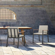 Nofi Outdoor Patio Dining Chair in Charcoal Finish with Taupe Cushions and Teak Wood Accent Arms - Set of 2 - Furniture City (CA)l