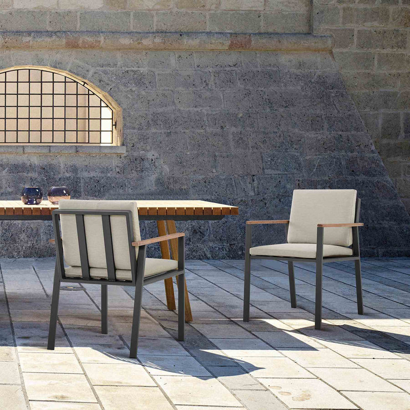 Nofi Outdoor Patio Dining Chair in Charcoal Finish with Taupe Cushions and Teak Wood Accent Arms - Set of 2 - Furniture City (CA)l