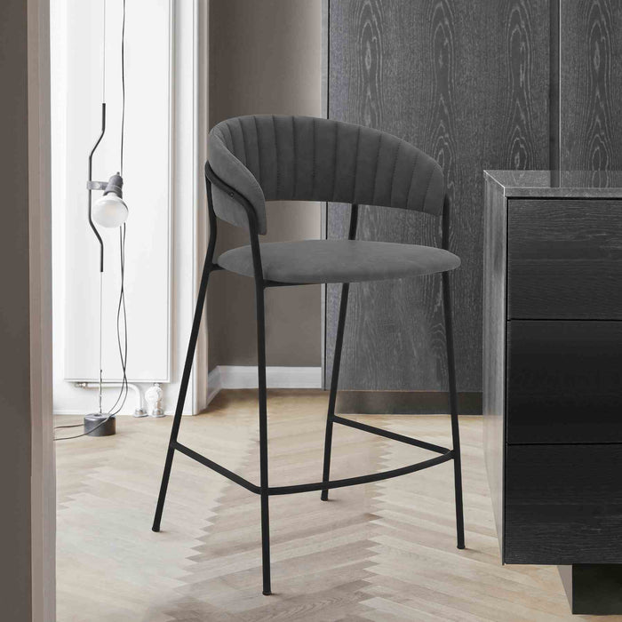 Nara 26" Gray Faux Leather and Metal Counter Height Barstool with Black Frame