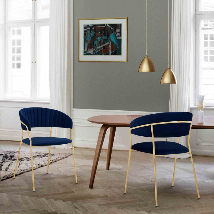 Nara Modern Blue Velvet and Gold Metal Leg Dining Room Chairs - Set of 2