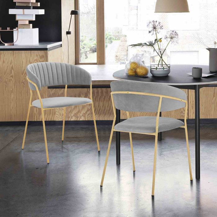 Nara Modern Gray Velvet and Gold Metal Leg Dining Room Chairs - Set of 2