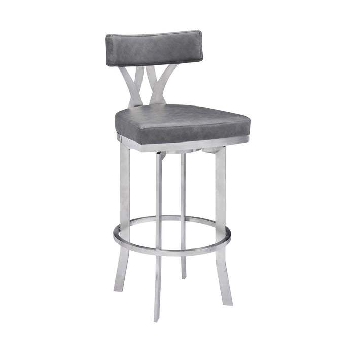 Natalie 26" Counter Height Vintage Gray Faux Leather Upholstery and Brushed Stainless Steel Bar Stool