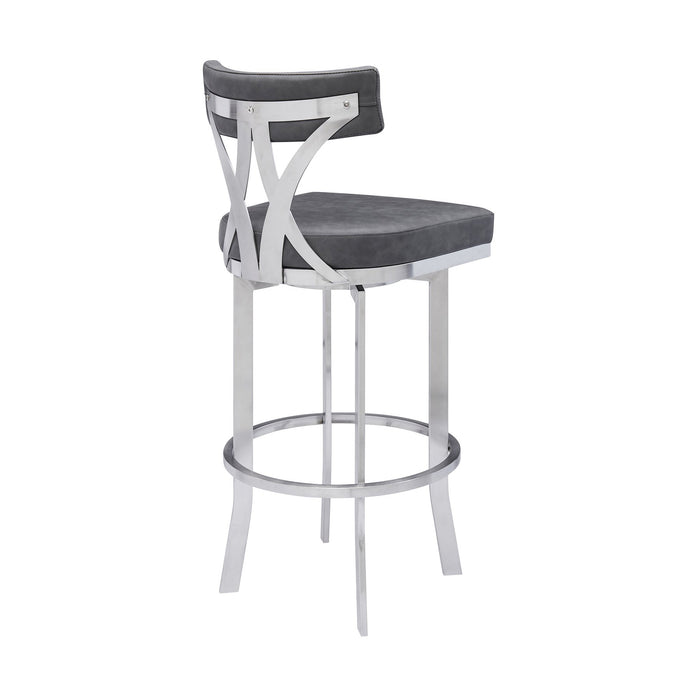 Natalie 26" Counter Height Vintage Gray Faux Leather Upholstery and Brushed Stainless Steel Bar Stool
