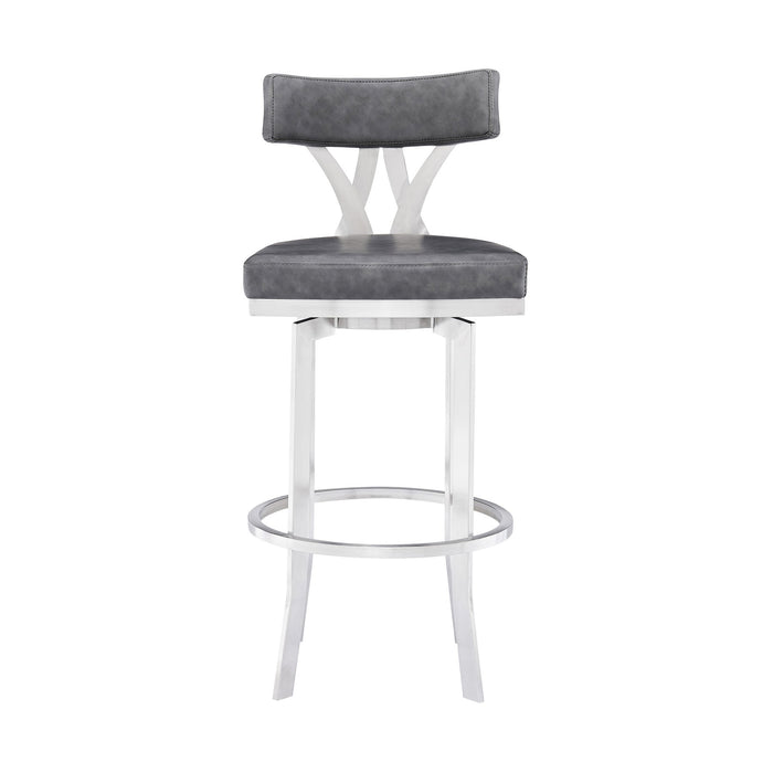 Natalie 30" Bar Height Vintage Gray Faux Leather Upholstery and Brushed Stainless Steel Bar Stool