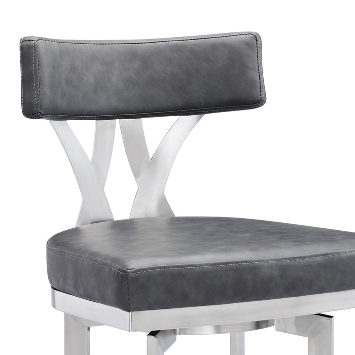 Natalie 30" Bar Height Vintage Gray Faux Leather Upholstery and Brushed Stainless Steel Bar Stool