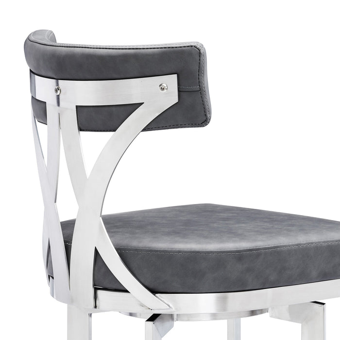 Natalie 30" Bar Height Vintage Gray Faux Leather Upholstery and Brushed Stainless Steel Bar Stool